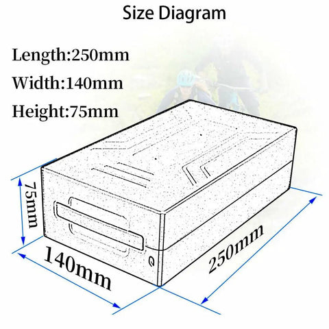 Size diagram of Slam Dunk 48V DIY Battery Case Kit With 30A BMS Guard showing dimensions: 250mm x 140mm x 75mm.