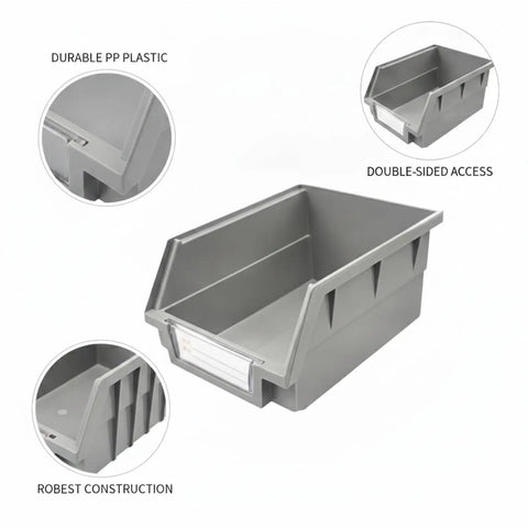 Mobile Double Sided Parts Bin Rack Handy Portable PP Plastic Organizer in gray showing double-sided access
