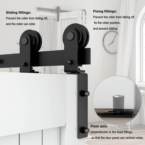Close-up of sliding hanger in 7 Foot Bi Fold Barn Door Hardware Kit For Four Doors Track System Fits Door Openings Up To Eighty Inches