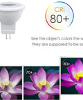 Top Notch MR11 GU4.0 BiPin LED Bulb 3W 12V AC DC Low Voltage Spotlight with CRI 80+ color comparison showing vibrant flower colors