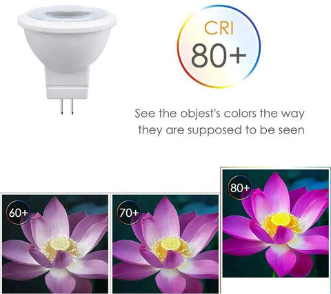Top Notch MR11 GU4.0 BiPin LED Bulb 3W 12V AC DC Low Voltage Spotlight with CRI 80+ color comparison showing vibrant flower colors