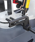 Close-up of the Beefy Heavy Duty Metal Band Saw With 10 Inch By 7.9 Inch Cutting Capacity, showcasing adjustable guide and base.
