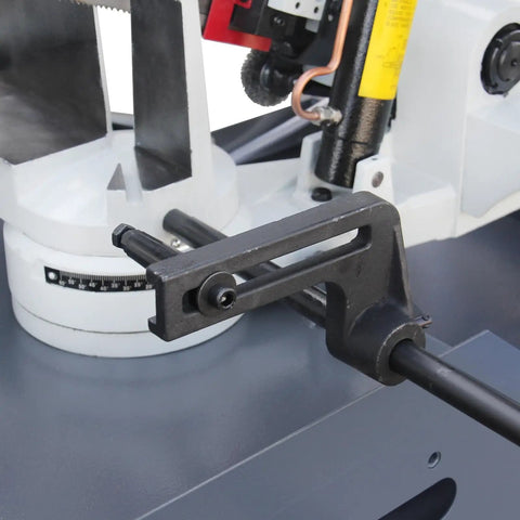Close-up of the Beefy Heavy Duty Metal Band Saw With 10 Inch By 7.9 Inch Cutting Capacity, showcasing adjustable guide and base.