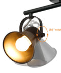 Close-up view of Five Light Track Lighting Kit With Adjustable Heads In Industrial Black, highlighting a 180-degree rotatable fixture.