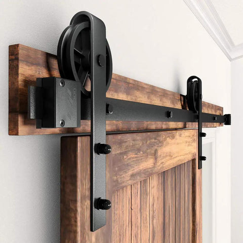 16Ft Sliding Barn Door Hardware Kit With Black Powder Coat 6Mm Thick Track Big Spoke Rollers Heavy Duty Industrial Grade System Door Not Included Perfect For Modern Home Or Shop Renovations installed on wood door