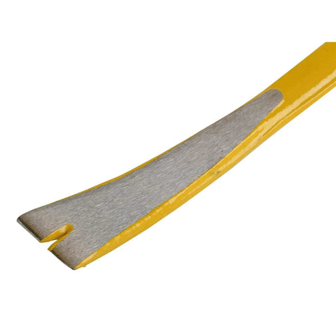 Close-up of 42 Inch Spring Steel Wrecking Bar With Precision Ground Edges Wider Prying Edge Flat Striking Faces And Lightweight Design