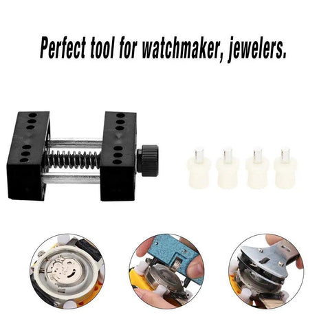 Handy Adjustable Watch Case Holder Vise For Wristwatch Repair, Metal Open Case Tool With Four Removable Pins, Non Slip Grips