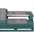 Fabater 5 Inch Cast Iron Machine Vise Heavy Duty Jaw Milling Clamp For Drill Press shown from the side, featuring raised jaws and a secure ground base.