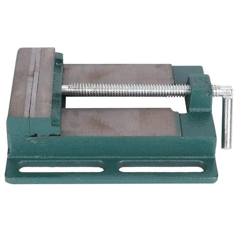 Fabater 5 Inch Cast Iron Machine Vise Heavy Duty Jaw Milling Clamp For Drill Press shown from the side, featuring raised jaws and a secure ground base.