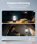 Ultra Bright Camping Lantern With 1000LM LED Floodlight And 5000mAh Battery illuminating a tent scene and table at night.