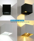 6000K LED Cube Wall Light 4.7 Inch Exterior Die Cast Aluminum IP65 Waterproof Slick Sconce in black and white, adjustable light angles.