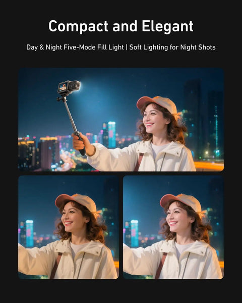 Woman using Mini LED Vlogging Light For Action Cameras And DJI Osmo Action Gear Magnetic Fill Light With Quick Release Bracket outdoors.