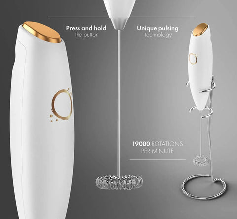 Handheld Milk Frother And Electric Whisk With 19000 RPM Power Includes Recipe Book And Stainless Steel Stand White And Gold Finish Perfect For Lattes Cappuccinos And More
