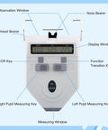 Optical Digital Pupilometer With Memory Function LCD Display IPD Meter For Eyeglasses Fitting front view with labeled windows and keys