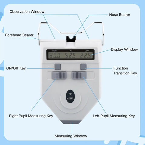 Optical Digital Pupilometer With Memory Function LCD Display IPD Meter For Eyeglasses Fitting front view with labeled windows and keys