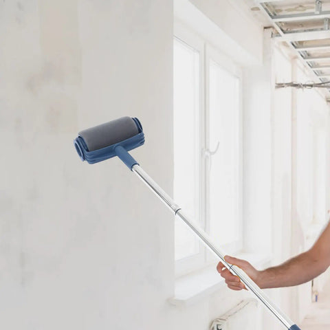 Extendable Paint Roller Kit With Adjustable Pole For Ceiling Painting Featuring Ergonomic Grip Heavy Duty Construction shown in use on a wall.
