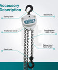 TOYO 1-ton manual chain hoist with steel hooks, sandblasted load chain and galvanized hand chain