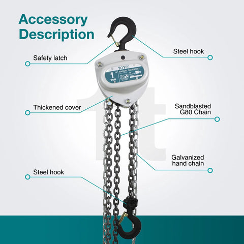 TOYO 1-ton manual chain hoist with steel hooks, sandblasted load chain and galvanized hand chain