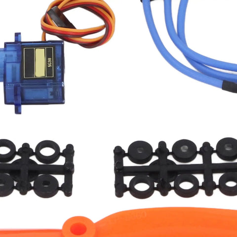 Close-up of A2212 1400KV Brushless RC Plane Motor Kit components including SG90 servo and connectors for smooth flight.