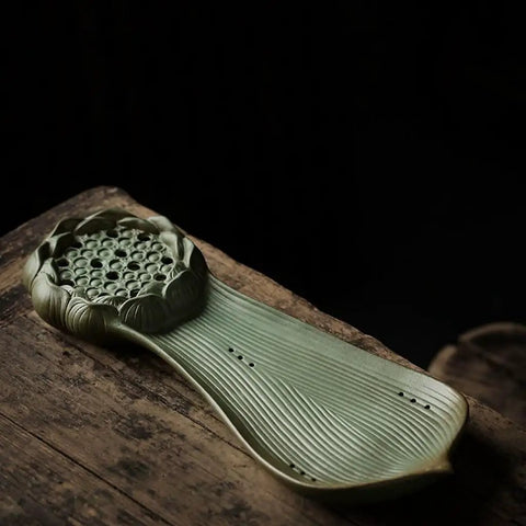 Top Shelf Glazed Ceramic Tea Tray With Retro Textured Finish No Fuss Dry Brewing Platform And Built In Drip Tray For Authentic Kung Fu Sets Coffee Table Serving Piece Lowkey Kitchen Essential Game Changer, green ceramic with lotus design.