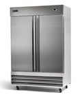 Double Door Commercial Refrigerator With 47 Cu Ft Capacity, 54 Inch Wide Stainless Steel Reach-In Upright Fridge, Adjustable Shelves, Auto Defrost, Digital Thermostat, Freestanding Industrial Cold Storage, front view.