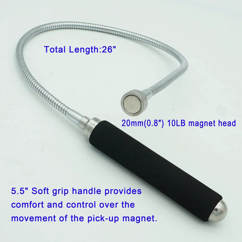 VASTOOLS flexible magnetic pickup tool with 26-inch bendable shaft, 20mm 10lb magnet head, and black foam grip.