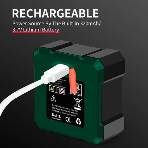 Digital Angle Finder with Laser Level and Inclinometer, rear view showing USB charging port and 3.7V lithium battery label.