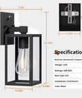 Dusk To Dawn Outdoor Wall Light With Automatic Sensor Solid Black Metal Coach Lantern dimensions and specifications with E26 socket.