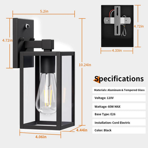 Dusk To Dawn Outdoor Wall Light With Automatic Sensor Solid Black Metal Coach Lantern dimensions and specifications with E26 socket.