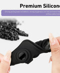 Close-up of Silicone Car Door Strike Protectors Four Pack Heavy Duty Shock Absorbing Latch Covers To Quiet The Slam And Block Vibration Universal Fit For Your Daily Driver Ride Black held in hand.