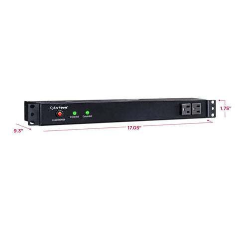 Rackmount Surge Protector 3600 Joules, 14 Outlets, 15-Foot Cord, 120V 15A, UL Listed, 1U Mount, black front view with dimensions.
