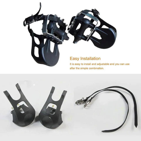 1 Pair Bike Pedals With Toe Clip And Strap For Indoor Outdoor Cycling, Rugged Toe Clips Cage For Road And Mountain Bikes, MTB Ready, Adjustable Nylon Straps, Black displayed in three parts