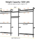 Space Saving Expandable Wall Mounted Closet System With Telescoping Shelves And Adjustable Rods, Industrial Pipe Wardrobe Rack For Walk-In And Reach-In Closets, 5.7 To 8.2 Ft, Black Finish shown with dimensions.