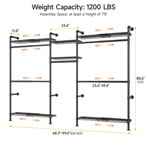 Space Saving Expandable Wall Mounted Closet System With Telescoping Shelves And Adjustable Rods, Industrial Pipe Wardrobe Rack For Walk-In And Reach-In Closets, 5.7 To 8.2 Ft, Black Finish shown with dimensions.