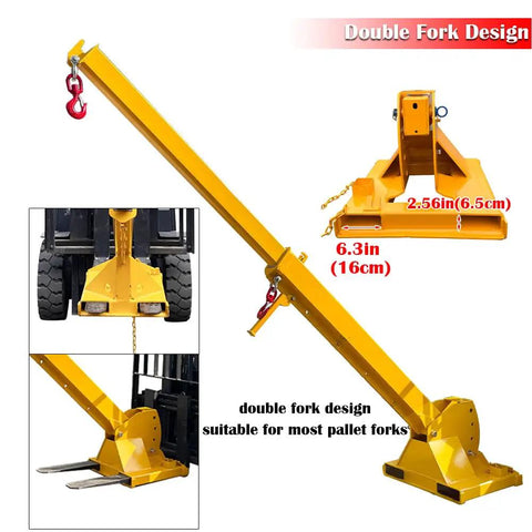 Heavy Duty Forklift Jib Boom Crane Attachment With Extendable Telescopic Boom Arm And Adjustable Tilt For Two Ton Lifting shown with double fork design.