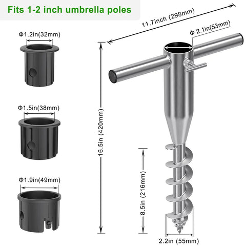 Heavy Duty Beach Umbrella Sand Anchor for Grass and Sand, Windproof In-Ground Base With 3-Sleeve Design, size dimensions