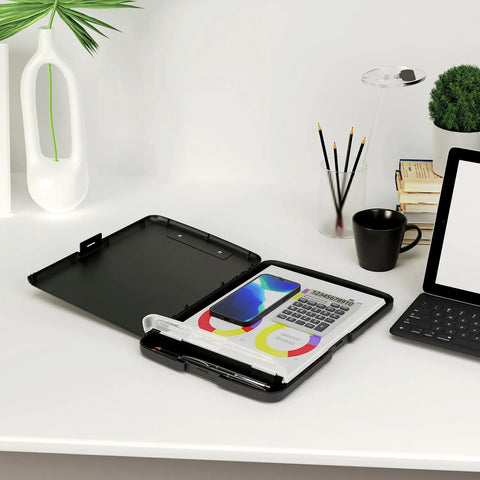Storage Clipboard Workhorse With Built In Paper Box And Pen Holder, 8.5 X 11 Organization Folio on desk with supplies visible.