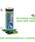 Four Pack LiFePO4 3.2V 14430 rechargeable batteries 400mAh 14x43mm shown with environmental benefits