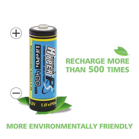 Four Pack LiFePO4 3.2V 14430 rechargeable batteries 400mAh 14x43mm shown with environmental benefits