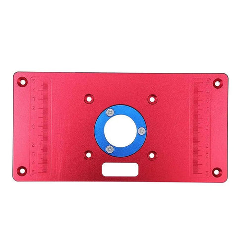 Premium Universal Aluminum Router Table Insert Plate With Heavy Gauge Ring For Kick Butt Performance And No Fuss Setup Works Flawlessly With Standard Drill Chucks 235X120X8Mm, red color, top view.