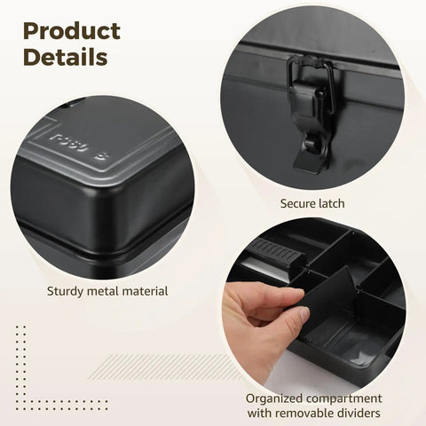Close-up of heavy duty steel toolbox with secure latch, sturdy metal finish, and removable dividers, black, 14.2 x 6.8 x 6.5 in