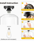 Install instructions for Solid Fit Clear Glass Semi Flush Mount Ceiling Light With Heavy Duty Metal Frame And Matte Black Finish.
