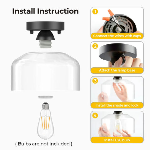 Install instructions for Solid Fit Clear Glass Semi Flush Mount Ceiling Light With Heavy Duty Metal Frame And Matte Black Finish.