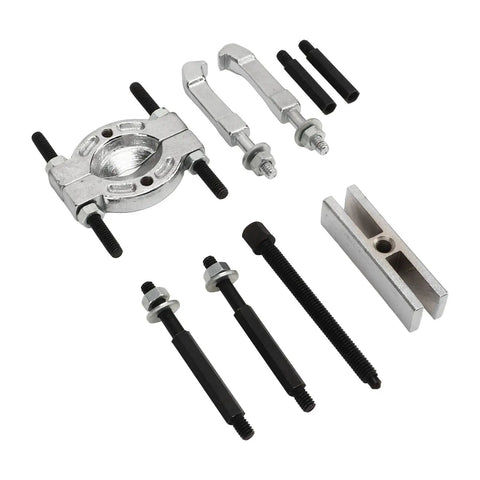 Thinking Process: 9 piece steel bearing puller tool kit with hub separator, threaded bolts, and removal arms