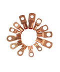 Heavy Duty 130 Piece Copper Ring Lug Kit With SC25 Terminal And OT Crimp Solder Connectors For High Amp Battery Wiring Jobs That Are Total Game Changers. Copper ring lugs arranged on white background