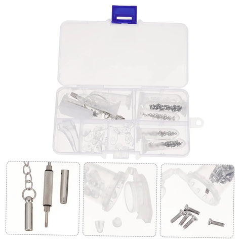 Open box with eyeglass repair kit including silicone nose pads, screws, and ear grips; Eyeglass Repair Kit With Silicone Nose Pads Screws And Ear Grips In An Organized Case For Quick Access To Essential Accessories Portable Easy To Use Must Have All In One Gear For Home Or Travel.