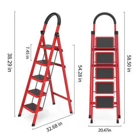 5 Step Folding Ladder For Home And Garage Portable Anti Slip Multi Use Step Stool For Kitchen Office And More Ultra Compact Easy To Store Sturdy Durable Construction Built To Last, red alloy steel, 58.5 in folded