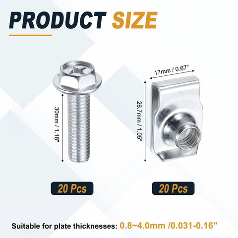 20 Piece M8 Body Bolts And U Nuts Kit With Manganese Steel U Clips For Bumper And Fender Liner Push Pull Fasteners Engine Bay Retainers Replacement Hardware For Most Cars, 30mm bolt