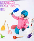 Child playing in snow with Six Piece 8 Inch Kids Garden Tools Set With Metal Shovels And Wooden Handle For Beach Sandbox Snow Play