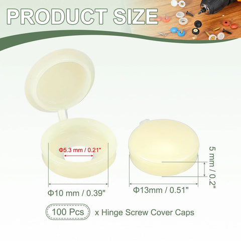 5 Mm Beige Hinged Screw Covers, Plastic Shutter Caps With Fold Snap Washer, 100 Pack, dimensions and size illustration